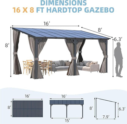 AECOJOY 16' x 8' Gazebo Outdoor Pergola with Curtains and Netting, 8'x16’ Hard Top Lean to Pergolas and Gazebos Clearance with Patio Roof Shelter, Large Wall-Mounted Heavy Duty Metal Awnings for Patio