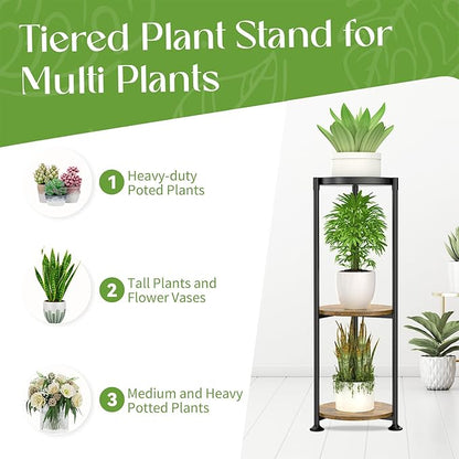iDavosic.ly 3 Tier Corner Plant Stand Indoor, 34 Inch Tall Vertical Metal Flower Heavy Duty Pot Holder Shelf Outdoor for Patio Porch Living Room, Modern Black & Rustic Brown - Round