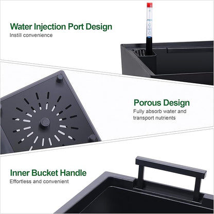Garvee 22.5" Tall Planters Set of 2, Outdoor＆Indoor Black Planter Pots, High Front Porch Planter Pots with Drainage Holes＆Water Level Monitor＆Inner Bucket,Black