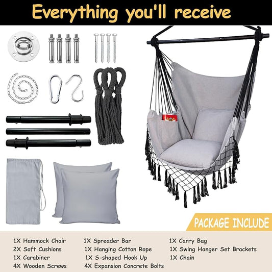 Hammock Chair with Pocket, Steel Spreader Bar, 2 Cushions, Light Grey