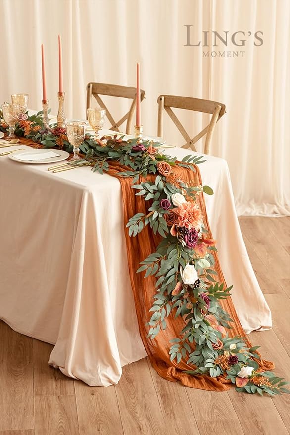 Artificial Flower Garland, 6 Ft Eucalyptus Willow Leaf, Terracotta Orange