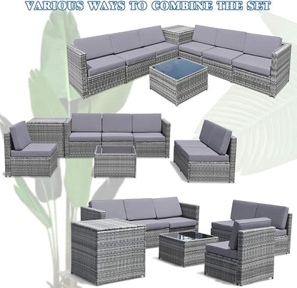 Tangkula 8 PCS Outdoor Patio Furniture Set, Rattan Wicker Sofa Set, Sectional Sofa Couch Conversation Set w/Storage Table and 12 Zippered Cushions for Garden Backyard Poolside (Grey)
