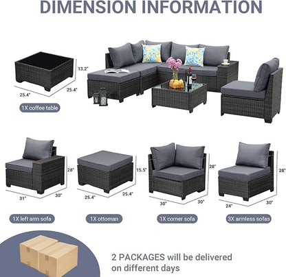 Jing's Villa 7-Piece Patio Furniture Set, All-Weather Outdoor Wicker Sectional Sofa with Cushions, Tempered Glass Table & Ottoman, Rattan Conversation Seating for Porch, Garden, Backyard,Grey