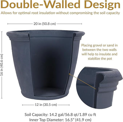 Sunnydaze 20-Inch Anjelica Large Plastic Pot for Plants - Outdoor Double-Walled Large Plastic Planter with Drillable Drainage Holes - Slate