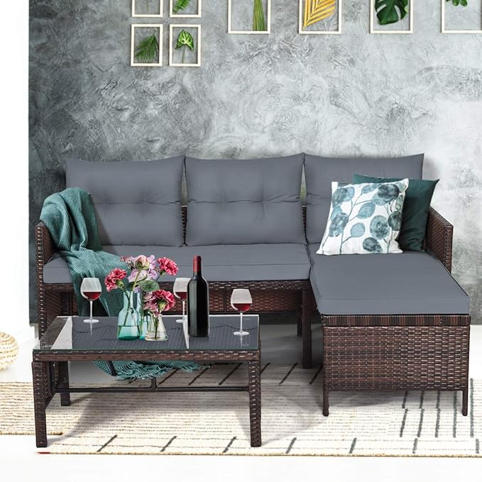 Conversation Set, 3-Piece Grey Rattan Patio Sofa with Glass Coffee Table