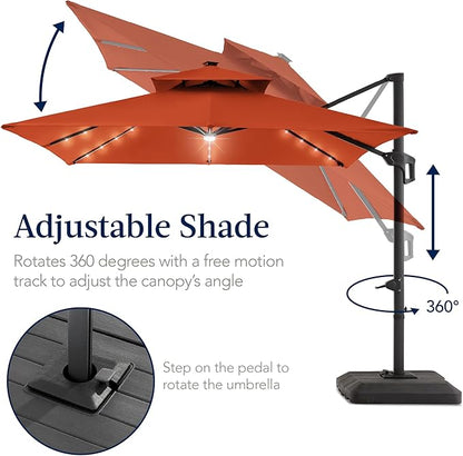 Best Choice Products 12x12ft LED Cantilever Patio Umbrella w/Base Included & 360° Rotation, Large Solar Offset Hanging Outdoor Sun Shade for Deck, Backyard Table w/Stand & Lights – Rust