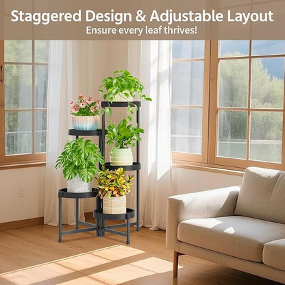LASZOLA 5 Tiered Folding Plant Stand Indoor for Multiple Large Planter, Tall Heavy Duty Adjustable Rack with Rust Proof Plastic Shelving, Sturdy Vertical Tree Organizer for Narrow Inside Floor, Black