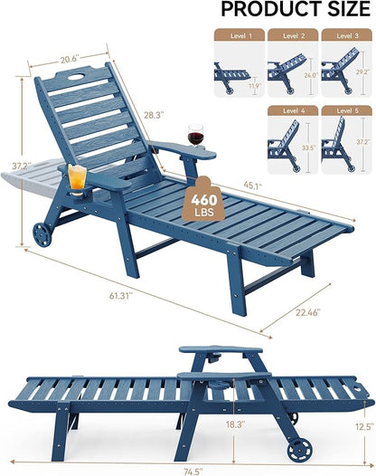 Carauci Lounge Chair Outdoor, HDPE Chaise Lounge with Wheels, 5-Position Adjustable Backrest & 2 Cup Holders Patio Lounge Chair, All-Weather Pool Sun Lounger for Poolside, Backyard, Blue