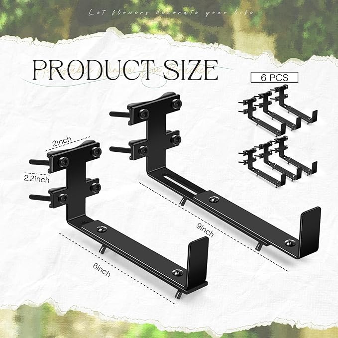 6 Pcs Window Box Brackets Adjustable Planter Box Brackets Heavy Duty Deck Railing Planter Flower Holder for Railing Patio Garden Fence Balcony Outdoor