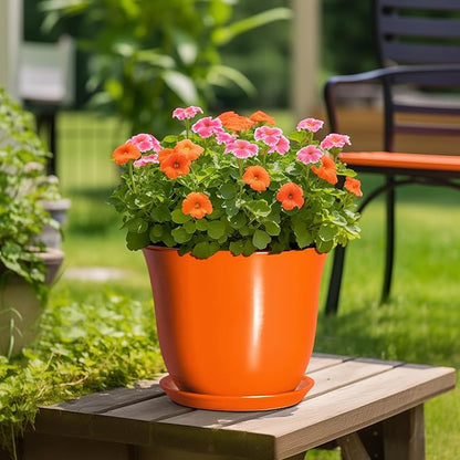 12 Inch Pots for Plants - Ceramic Planters Indoor with Drainage Hole and Saucer, Large Round Planter for Outdoor Plants, Decorative Flower Pot, Garden Decor, Plant Lover Gifts, Orange