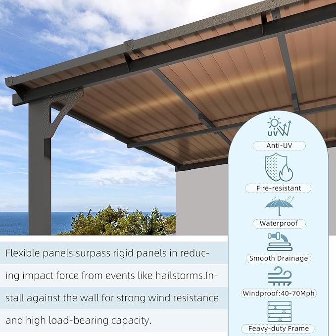 AECOJOY 10' x 16' Adjustable Height Outdoor Lean to Gazebo Pergola for Patio, Large Wall-Mounted 6.5-9.8 Ft Hard Top Metal Heavy Duty Metal Awnings Shelter Pergolas and Gazebos Clearance with Roof