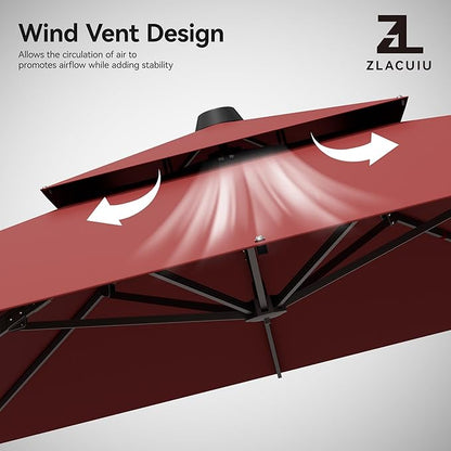 9x12FT Red Cantilever Outdoor Patio Umbrella with Base, Large Rectangular Offset Design, Double Top Heavy Duty Aluminum Frame & 360° Rotation for Pool Garden Deck Backyard