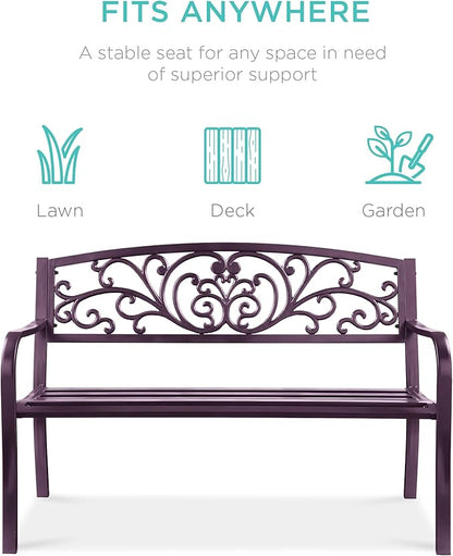 Best Choice Products Outdoor Bench Steel Garden Patio Porch Furniture for Lawn, Park, Deck w/Floral Design Backrest, Slatted Seat - Purple