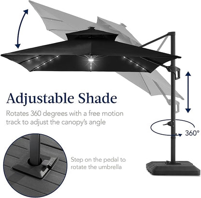 Best Choice Products 9x12ft LED Cantilever Patio Umbrella w/Base Included & 360° Rotation, Large Solar Offset Hanging Outdoor Sun Shade for Deck, Backyard Table w/Stand & Lights – Black