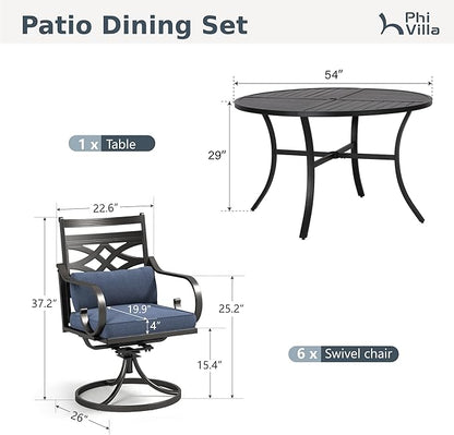 PHI VILLA 7 Pieces Outdoor Dining Set for 6, 54" Round Black Metal Table with Umbrella Hole & Wrought Iron Swivel Chairs, Large Outside Furniture with Blue Cushions & Pillows for Patio, Deck, Porch