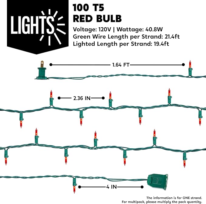 String Lights, 42.8 ft Red Incandescent with 200 T5 Bulbs, Green Wire