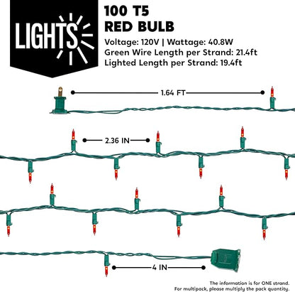String Lights, 42.8 ft Red Incandescent with 200 T5 Bulbs, Green Wire