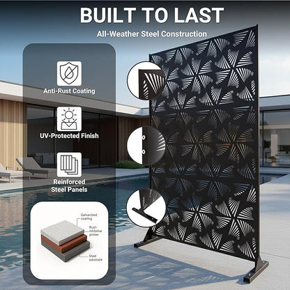 72in Metal Privacy Screen Outdoor Decorative Panel – Freestanding Rustproof Steel Patio Divider for Garden, Backyard, or Balcony, Modern Laser Cut Design for Stylish Privacy & Outdoor Decor