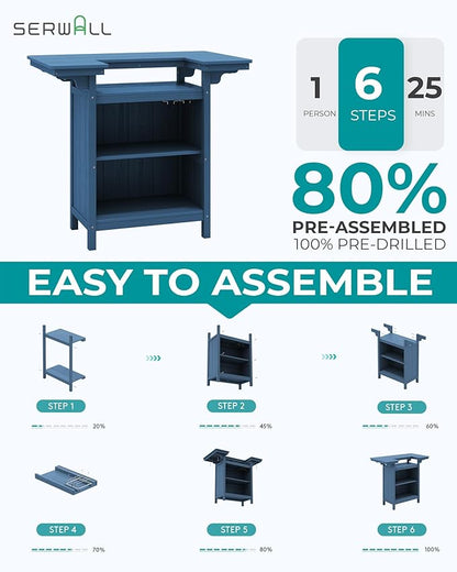 SERWALL Outdoor Bar Table Set (1 Table with 2 Chairs) – HDPE Blue Patio Bar Cabinet with 4-Tier Storage & Spacious Tabletop, Perfect for Outdoor, Poolside, Backyard
