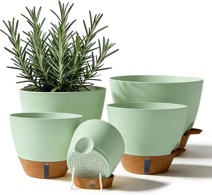 7/6.5/6/5.5/5 Inch Self Watering Pots, Plastic Flower Pots with Multi Mesh Drainage Holes and Deep Reservoir for Indoor Outdoor Garden Plants and Flowers (Green, 5/5.5/6/6.5/7)