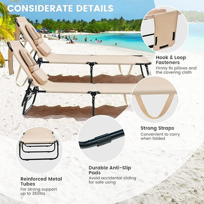 GYMAX Tanning Chair, 350lbs Beach Lounge Chair with Face Hole, Detachable Washable Pillow & Carry Strap, Adjustable Folding Chaise Lounge, Layout Chair for Outside, Patio, Poolside, Lawn (1, Beige)