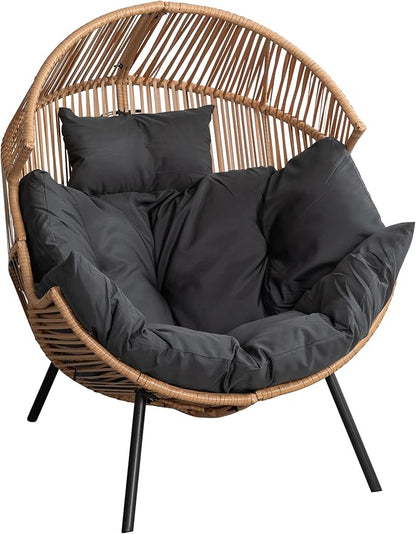 Shintenchi Wicker Egg Chair Rattan Patio Chair with Cushion,Oversized Patio Lounge Chairs with Cushion Egg Basket Chair, Egg Seat for Indoor Living Room Bedroom Outside,Grey