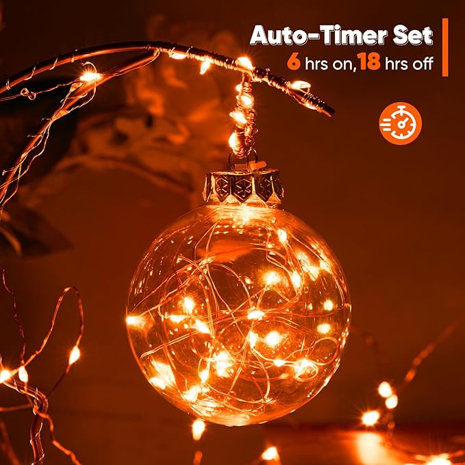 String Lights, Orange 65.6 Ft Battery Powered LED with Remote Control