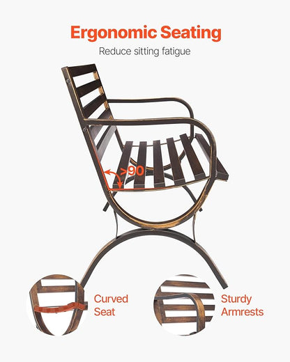 VEVOR Outdoor Bench, 50 inch, Carbon Steel Metal Frame with Slatted Pattern Backrest and Round Edge Armrests, Weatherproof Outside Bench for Patio, Garden, Park, Yard, Front Porch, Antique Bronze