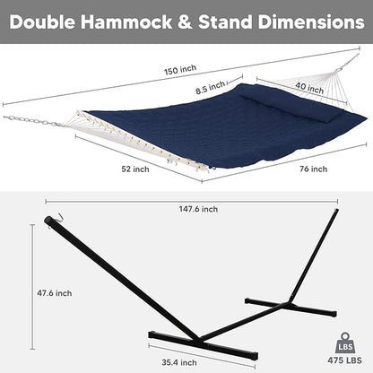 SUNCREAT Two Person Hammock with Stand, Heavy Duty Backyard Hammock and Stand, Navy Drops