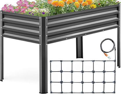 KING BIRD Raised Garden Bed with Irrigation System and Legs Galvanized Elevated Planter Box 48×24×31.5 in for Backyard, Patio, Balcony, 400lb Capacity, Dark Grey