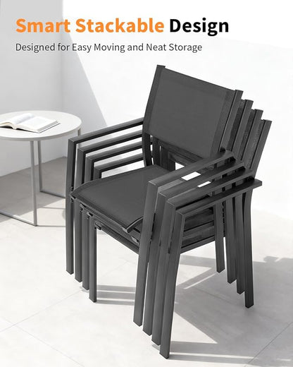 5 Pieces Outdoor Dining Set, Never-Rust Aluminum Expandable Patio Dining Table Set, 32"-65" Extendable Dining Table and Stackable Textilene Dining Chairs for Backyard, Deck, Indoor, Black
