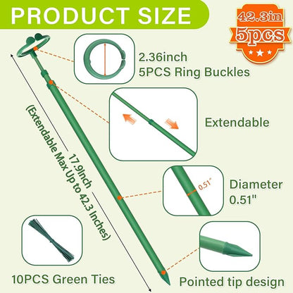 Extendable Plant Stakes,Adjustable Length from 17.9IN to 42.3IN Monstera Support Stakes with Clips,Sturdy Plant Stakes for Indoor Outdoor,Garden Sticks for Tomato,Orchid,Climbing Plants- 5Pack