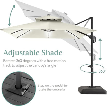 Best Choice Products 10x10ft Cantilever Patio Umbrella w/Base Included, Solar LED Lights 360 Rotation Large Offset Hanging Outdoor Shade for Deck Pool Backyard w/Stand – Ivory