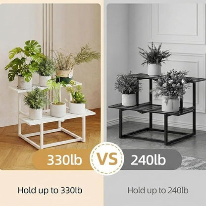 Metal Plant Stand Indoor, Outdoor Iron Plant Shelf, Heavy Duty Slatted Display Shelf for Patio Balcony Garden Living Room Load Bearing 330 LB 26" L x 20.2" H x 17.7" W 2 Tier White