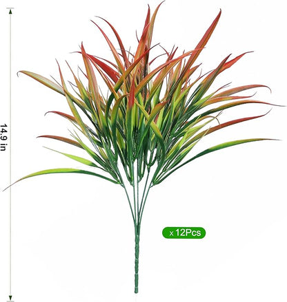 Ivydale 12Pcs Fake Plants Outdoor Artificial Plastic Grass Spring Decoration UV Resistant Faux Greenery Stems Bushes Outside Fake Plants for Planters Patio Porch Window Box Pathway Garden Home Decor