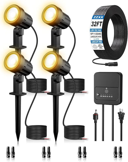 ZZXX All-in-One LED Landscape Lighting Kit, 4-Pack Low Voltage Landscape Lights with Transformer 32FT Wire and Connectors, 2700K Waterproof Outside Spotlights for Yard Garden Tree Pathway House