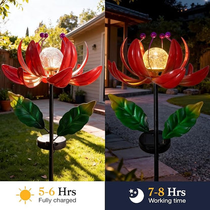 Solar Lights Outdoor Wind Spinners, Metal Lotus Flower Garden Decor with Waterproof LED Crackle Glass Globe for Patio Lawn Yard Outdoor Decor