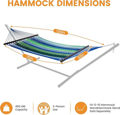 Lazy Daze Hammocks 10.5 FT Double 2 Person Caribbean Rope Hammock, Hand Woven Polyester Hammock with Spreader Bars, for Outside Outdoor Backyard Patio Poolside, 450 LBS Capacity, Blue/Green