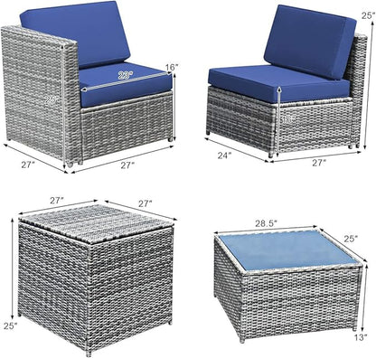 Tangkula 8 Pieces Wicker Patio Furniture Set with Storage Deck Box, PE Rattan Outdoor Sectional Sofa Conversation Set with Coffee Table & Cushions, Outside Furniture for Garden Yard Poolside (Navy)