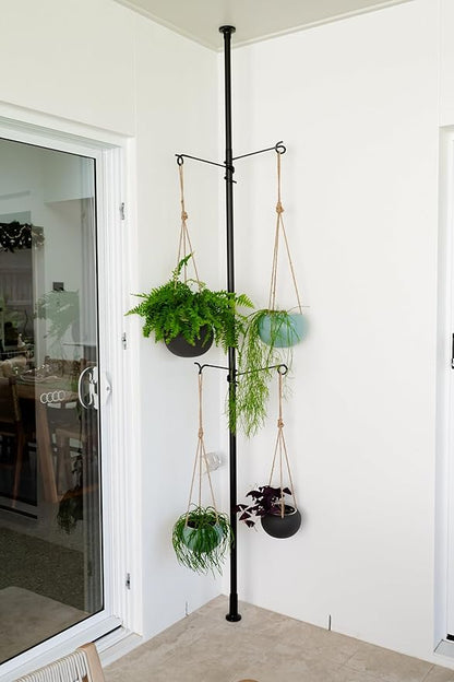 Tension Rod Plant Stand, Plant Poles for Hanging Plants Indoor, Metal Floor to Ceiling Hanging Plants Stand, Tension Pole Plant Stand with 6 Hooks (Fit 3.6-10ft)