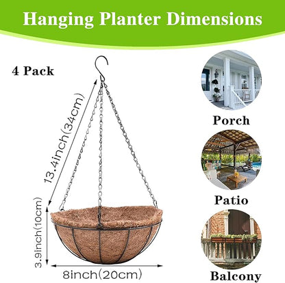 4 Pack Hanging Planter Basket with Coco Coin Liner 8 inch Hanging Flower Pots Outdoor Decorative Round Wire Plant Holder with Chain Metal Hanging Baskets for Plants Outdoor