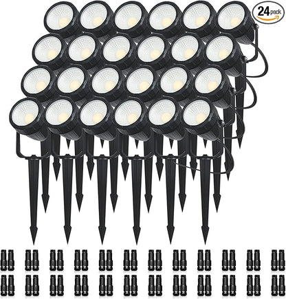 Low Voltage Safety Landscape Lights Outdoor: 7W 840LM LED Landscape Lighting with Connectors & Transformer for Tree Garden Yard Pathway | 24V Warm Yellow 3000K Spotlights | IP65 Waterproof | 24 Pack