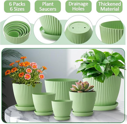 7.5/6.5/5.5/4.9/4.2/3.5 Inch Plant Pots with Saucers & Drain Holes - Indoor/Outdoor Flower Pots for Succulents, Herbs, Cactus - Modern Lightweight Durable Planter Set, Green