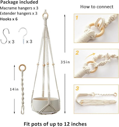 CADNLY Macrame Plant Hangers Indoor – Rope Hanging Plant Holder with Extender - Boho Hanging Planters Indoor - White Macrame Hanger Outdoor Flower Pot Holder from Ceiling Wall 3 Pack 6 Hooks