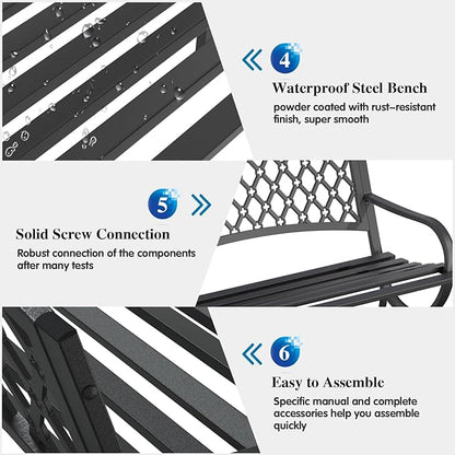 On Shine 50'' Patio Garden Bench, Loveseats Patio Park Bench,Black Steel Cast Iron Frame Bench,Metal Bench Outdoor for Porch Yard Lawn Deck (Grid)