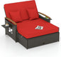 Tangkula Patio Rattan Daybed with 4-Level Adjustable Backrest, Outdoor Wicker Loveseat with Acacia Wood Armrest, Storage Ottoman & Folding Tray, Double Sunbed for Balcony, Backyard & Poolside, Red