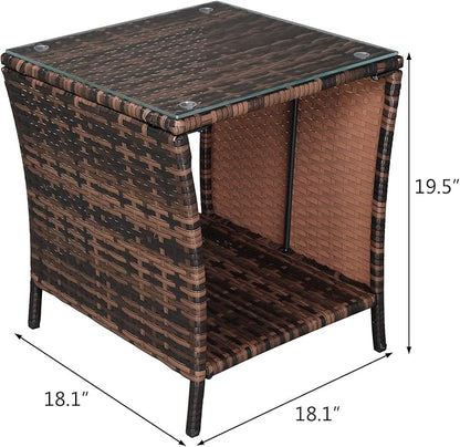 VINGLI Outdoor Wicker Side Table Patio Side Tables for Outside, Tempered Glass Top Wicker Table with Storage End Table for Balcony Porch Deck (Brown)
