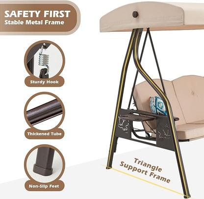 3-Seat Outdoor Porch Swing with Stand, Patio Swing with Canopy, 2 in 1 Porch Swing Bed & Patio Swing Chair for Adult, w/Extra Pillows and Cup Holder for Yard