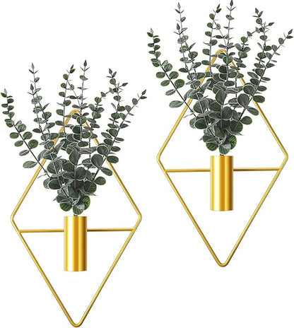 Jexine 4 Pcs Hanging Planters with Artificial Eucalyptus Metal Hanging Vase Indoor Plants Holder Modern Geometric Boho Bathroom Wall Decor for Living Room Home Office (Eucalyptus,Gold)