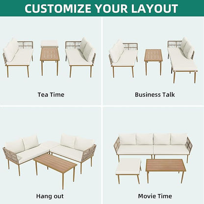 DWVO 6 Pieces Patio Furniture Set, L Couch Outdoor with Coffee Table&Washable Cushions, Outdoor Patio Sectional Wicker Rattan Conversation Sectional Set for Garden Yard Pool Beige
